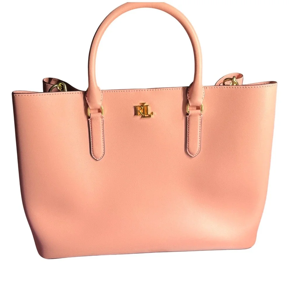LRL RALPH LAUREN Large Leather Marcy Satchel Tote Bag SPRING ROSE PINK Near Mint